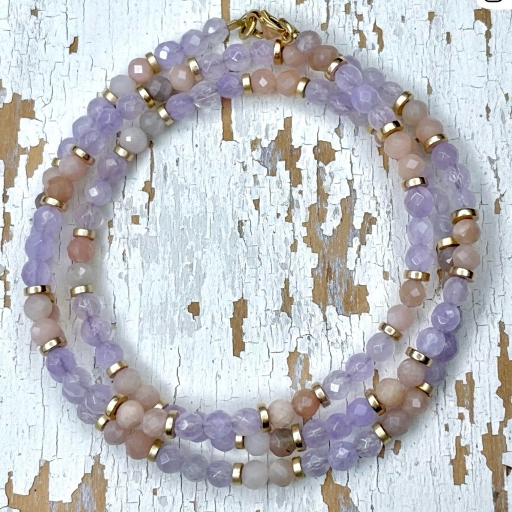 Artisan Faceted Lavender Kunzite & Peach Sunstone Gemstone Triple Wrap Bracelet